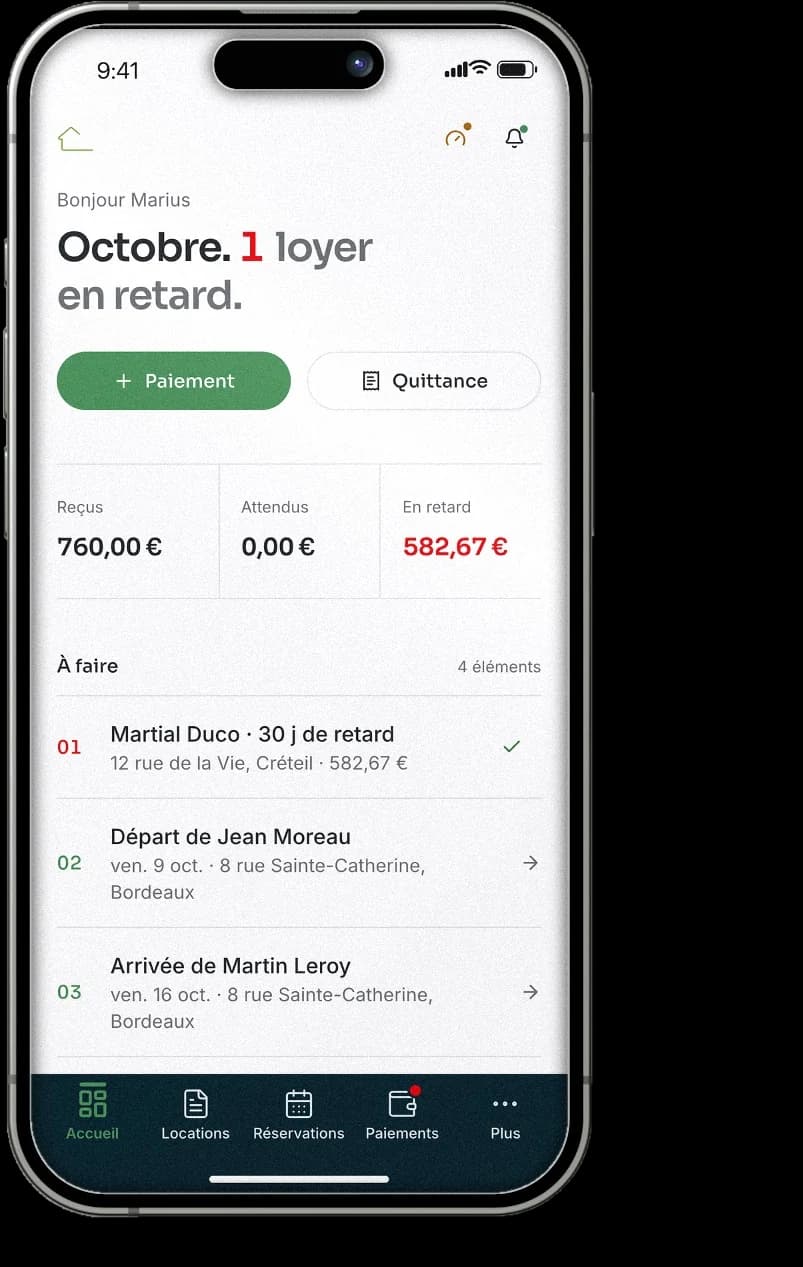 L’application Bailto sur un iPhone : l’accueil avec les loyers reçus, en retard et les tâches à faire